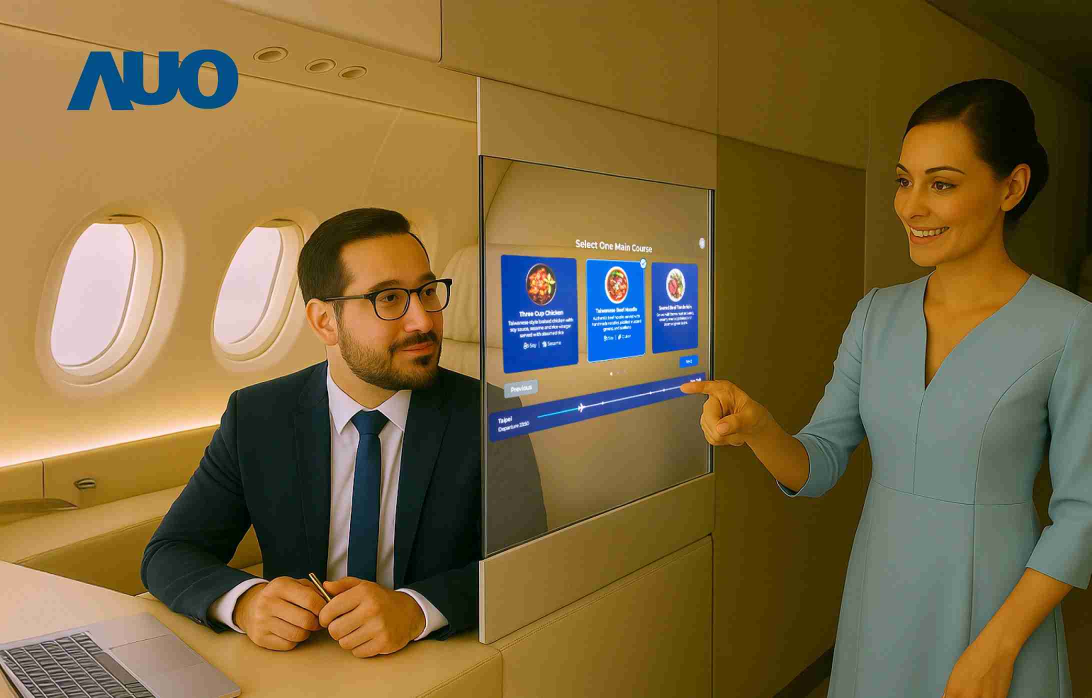 壹号平台研发全球最薄17.3 吋双面透明 Micro LED 显示器，，，，可在同一屏幕之双边投射不同信息，，，，创造独特的”透明化”互动；图为实时翻译交流应用情境